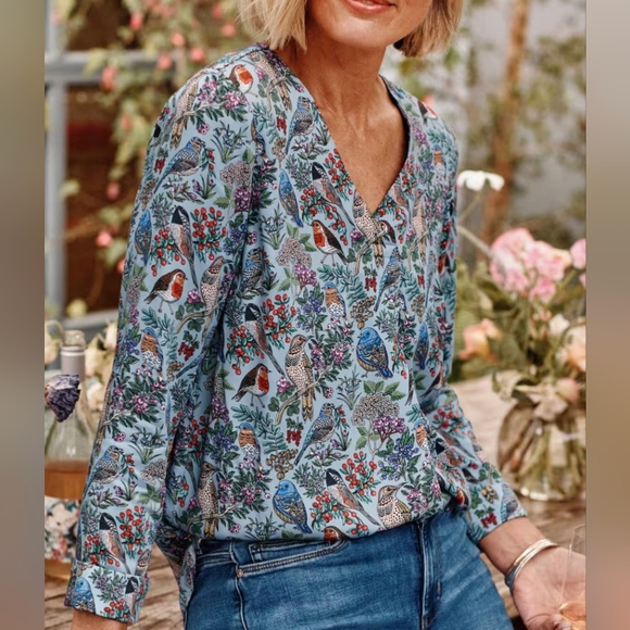 J. Jill Tops - J. Jill Printed Satin V-Neck Popover Blouse Top Shirt Bird Floral Print XL NEW